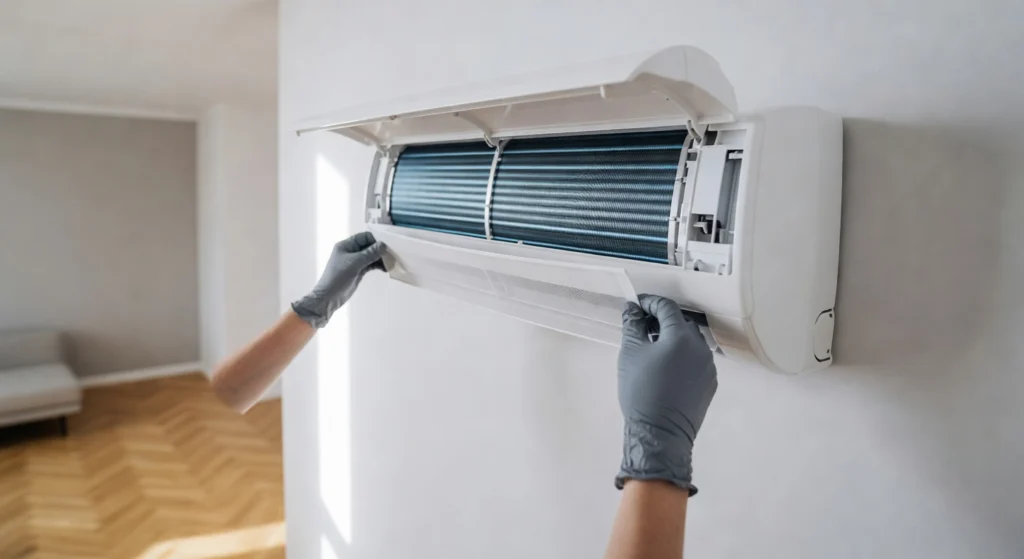 Dokładne czyszczenie parownika i filtrów ściennej jednostki wewnętrznej podczas usługi, jaką jest domowy przegląd klimatyzacji.