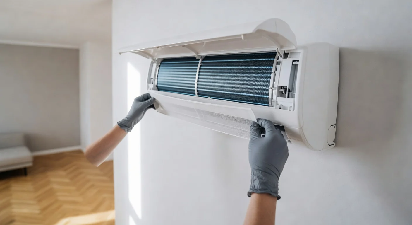 Dokładne czyszczenie parownika i filtrów ściennej jednostki wewnętrznej podczas usługi, jaką jest domowy przegląd klimatyzacji.