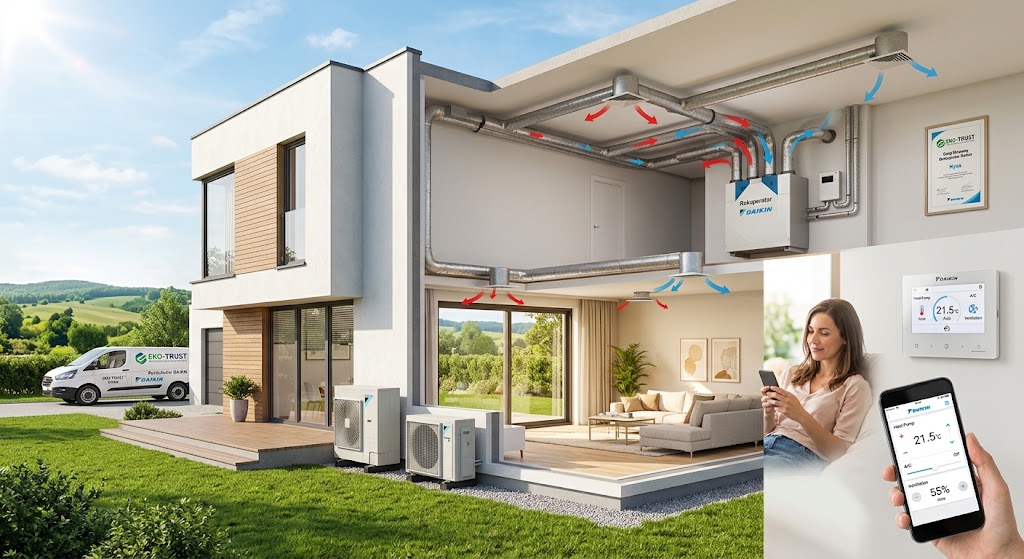 Złożony obraz pokazujący przekrój nowoczesnego, dwupiętrowego domu z zintegrowaną instalacją HVAC Daikin. Na zewnątrz widoczne są pompy ciepła, a wewnątrz centralny rekuperator i kanały wentylacyjne w sufitach, z oznaczonym czerwonymi i niebieskimi strzałkami przepływem powietrza. W insertach zbliżenie na rękę trzymającą smartfon z aplikacją sterującą i na ścienny sterownik Daikin. Obok widać furgonetkę z logiem EKO-TRUST NYSA – Autoryzowanego Dystrybutora Daikin oraz certyfikat.